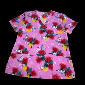 Pink Floral Tropical Beach Scrub Shirt Top Small Nurse Vet Xray Tech READ